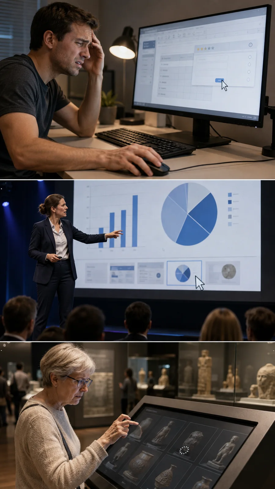 Three scenes of a click that will not land: a man at his desk with a hand on his forehead in front of a button, a speaker pointing at a projected chart while the cursor sits still, and an older woman waiting for a museum kiosk to answer her touch