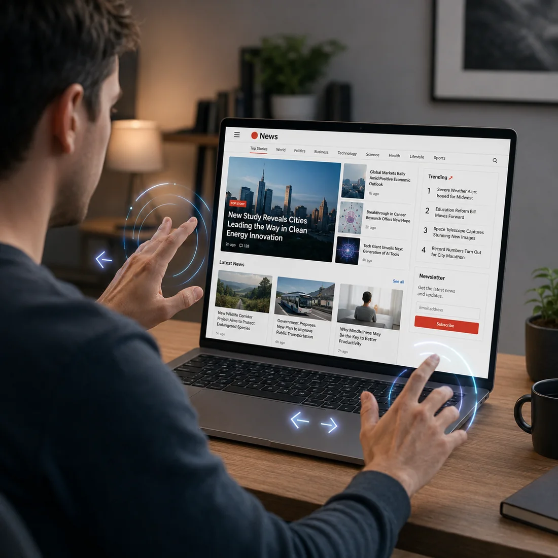 A person at a laptop browsing a news site with hand gestures, without touching the keyboard or the mouse