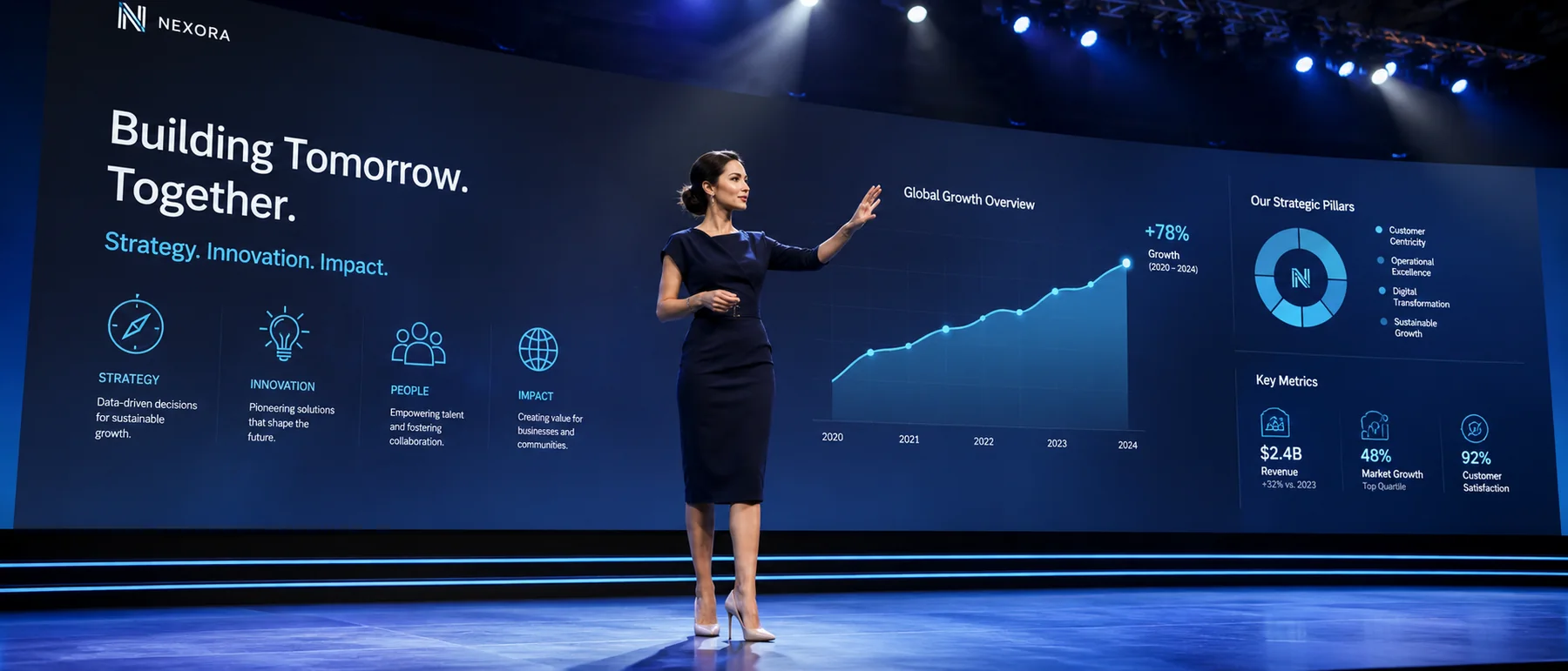 A speaker on stage with a raised hand towards a giant slide wall, controlling the presentation from a distance