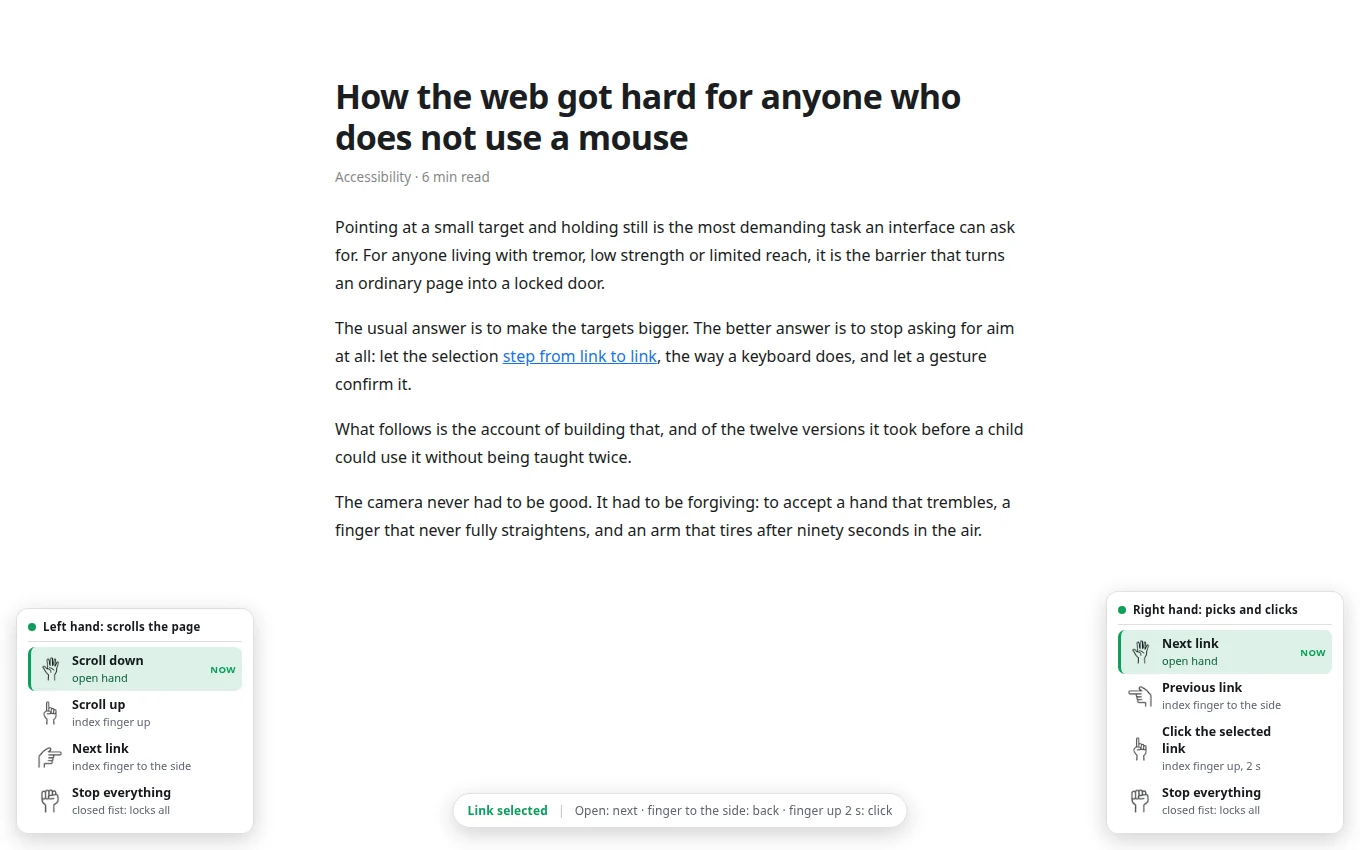 The extension running over an article: the left hand's gesture panel in the bottom left corner, the right hand's in the opposite corner, and the status strip in the middle reading Link selected